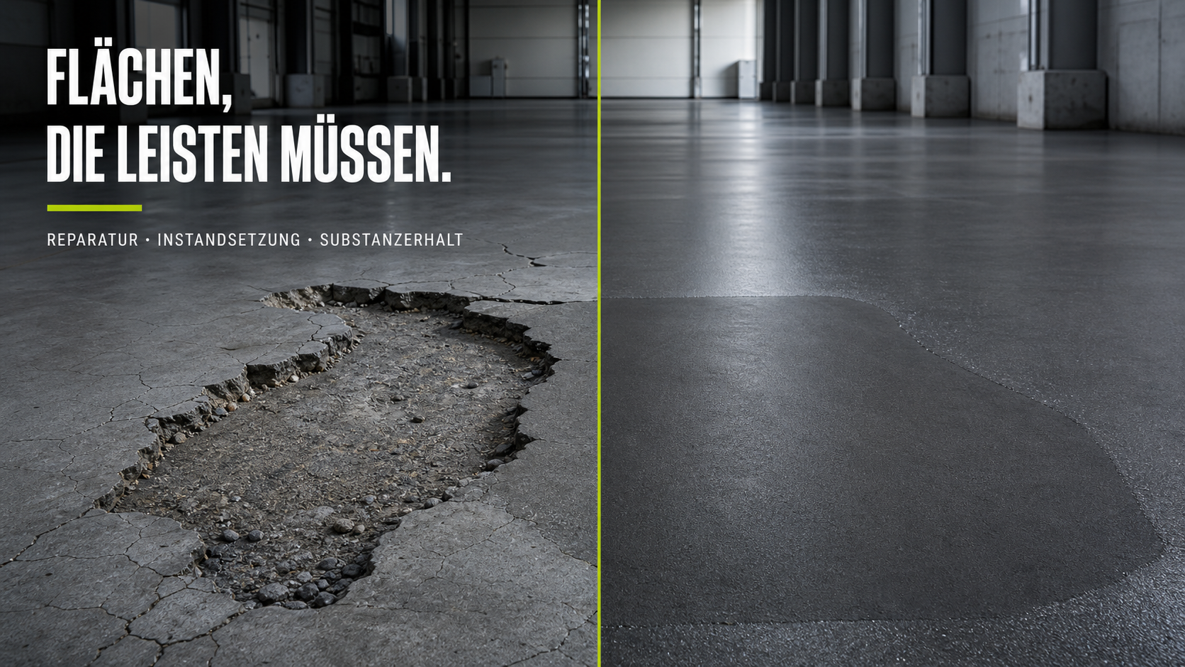 Vorher-Nachher-Darstellung einer professionell reparierten Betonfläche